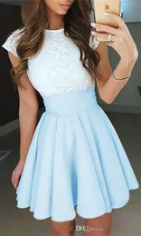 2021 Light Sky Blue Lace Graduation Short Prom dresses Bateau Neck Satin Ruched Mini Homecoming Party Cocktail Dress For Girls Formal