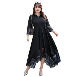 Summer Women's Dress Korean Version Of Large Size Temperament Lace Stitching Was Thin Seven-Point Sleeve LR1029 210531