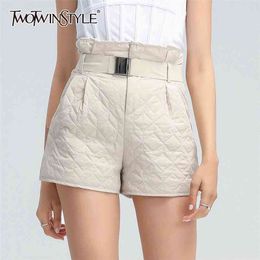 Black Patchwork Argyle Cotton Short For Women High Waist Sashes Wide Leg Shorts Female Fashion Clothing 210521