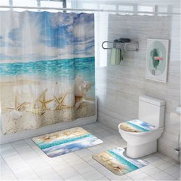 4Pcs/set Bathroom Mat Set Anti-slip Seaside Scenery Bath Mat Coral Fleece Shower Curtain Floor Mat Washable Bathroom Toilet Rug 210329