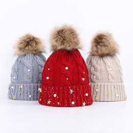 Christmas Star Pearl Rhinestone Hat For Women Winter Pompom Warm Knitted Cap Solid Colour Twist Girl Lady Beanie New Year Gift