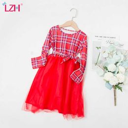 LZH Autumn Fashion Plaid Dress For Children's Clothing Girls 2021 Christmas Kids Dresses Baby Girls Costume Net Yarn Kid Clothes Q0716