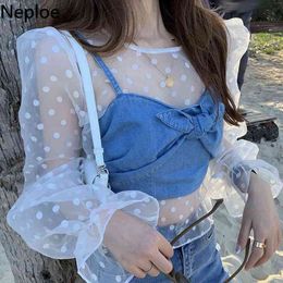 Neploe Sweet Janpanese Shirts See Through Polka Dot Blouses Women+Denim Straps Crop Tops Korean Fashion Femme Roupas 95172 210422