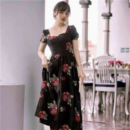 Summer Fit and Flare Vestidos Floral Embroidery Long Dress Jacquard Square Collar Short Sleeve Elegant Women 210603