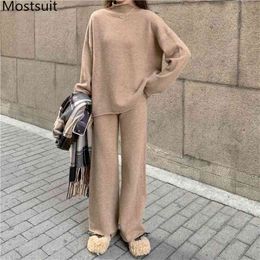 Solid Fashion Knitted Two Piece Set Outfits Women Full Sleeve Sweater + Wide Leg Pants Loose Female Korean Matching 210513