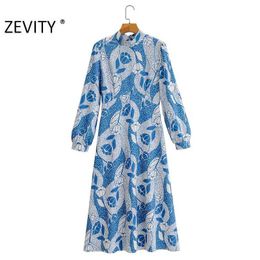 ZEVITY Women Euro Style stand collar printing chic A line Dress Female long sleeve Vestidos Casual slim brand Dresses DS4313 210603