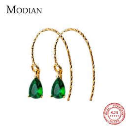 100% 925 Sterling Silver Simple Green Crystal Water Drop Earrings Fashion Charm Gold Colour Dangle Ear For Women Jewellery 210707