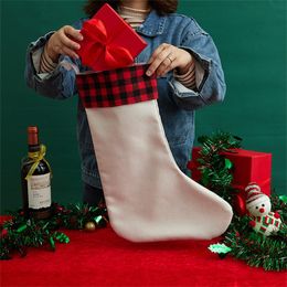 Sublimation Christmas White Blank Socks Heat Transfer Santa Claus Gift Bag Plaid Christmas Stocking Gift Candy Bag Christmas Tree Pendant A12