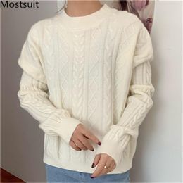 Classic Twisted Knitted Korean Women Pullover Sweater Long Sleeve O-neck Loose Fashion Solid Ladies Tops Jumpers Femme 210513