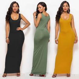 14 Colours Women's Sexy Sleeveless Vest Long Summer Dress Fashion Solid Colour Plus Size Party Beach Dresses Tight Sundress 210325