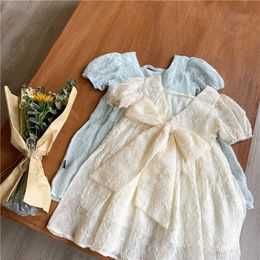 Korean Toddler Girls Lace Dress with Bows Summer Open Back Lolita Sundress Sweet Short Sleeve Flowers Costume Clothing 210529