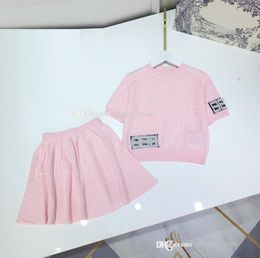 Designer children knit clothing Sets sweet baby Girls princess outfits kids letters printed Long sleeve Knitted Pullover + Mini skirt 2pcs suit S1584