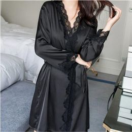 1620 Women's Satin Silk Woman Lace Robe Female Lace Bathrobe Womens Robes Sleepwear Ladies Sexy Robe For Women Drop 210901