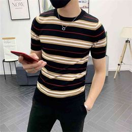 Summer Dress Short Sleeve Stripe Knitting Tshirt Tee Jacquard Weave High Quality Streetwear Round Sleeve T-shirt Camisetas Hombr 210324