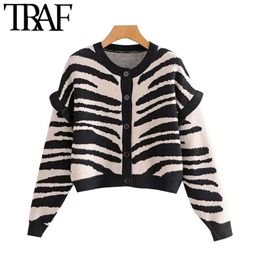 Women Fashion Zebra Print Ruffled Cropped Knitted Cardigan Sweater Vintage Long Sleeve Female Outerwear Chic Tops 210507
