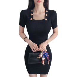 Knitted slim square neck sexy dress female bag hip bottoming mini skirt summer Korean fashion women's clothing 210520