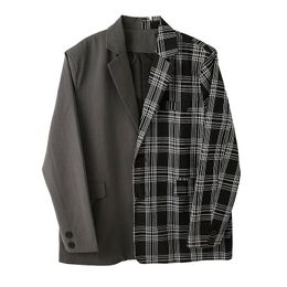 IEFB /men's wear Fashion contrast Colour Grey plaid print blazers personality all-match loose suit coat big size autumn Y4103 210524