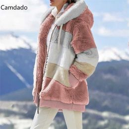 Winter Hooded Jacket Women 5X Plus Size Cotton jacket fashion Plush patchwork zipper pocket loose Long Sleeve Top Coat 211014