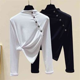 WWENN Women T Shirt Cotton Long Sleeve Tshirt Femininant Autumn Spring Casual Button Tops Tee Female Korean Clothing Black 210507