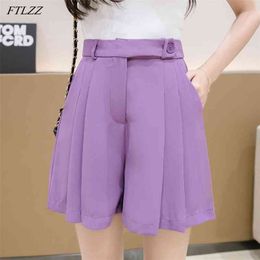 Spring Women High Waist Ruffles Loose Purple Shorts Summer Casual Female Wide Leg Straight Ins Ladies Black 210430