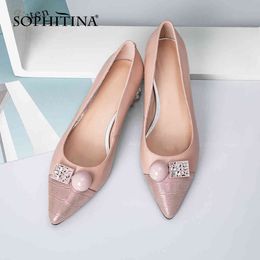 SOPHITINA Pumps Woman Patchwork Sheep Genuine Leatherpointed Toe Shallow Button Crystal Decoration Med Tranarent Heel Shoe PC980 210513