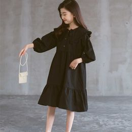 Layered Girls Dress Cotton 2021 New Children Autumn Dress Balck Button Teen Kids Clothes Latern Sleeve,#6039 Q0716