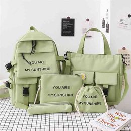 5Piece Set Kawaii Schoolbags for Teenage Girls Women Backpack Canvas Travel Back pack Student notebook Bookbags Schoolbag 210809