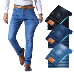 Brother Wang Classic Style Men Brand Jeans Business Casual Stretch Slim Denim Pants Light Blue Black Trousers Male 211206