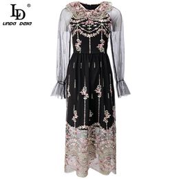 Fashion Designer Summer Vintage Party Dress Women Tulle Long sleeves Hollow out Flowers Embroidered Midi 210522