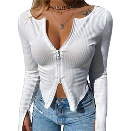 Women T-shirt Spring Autumn Clothes Ribbed Knitted Long Sleeve Crop Tops Zipper Design Tee Sexy Female Slim Black White Tops X0527
