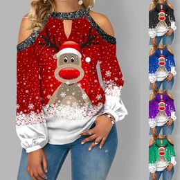 Impresión de manga larga señoras Navidad Alce Camiseta Blusa Prendas para el torso Sweater Suelto Jersey Reino Unido