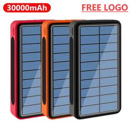 FREE LOGO 30000mAh Solar Power Bank 4 USB Ports Powerbank 30000 MAh LED Flash Light External Battery Poverbank For IPhone Wholesale Factory