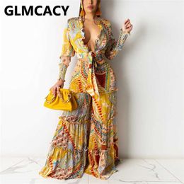 Two Piece Ruffles Classy Suits Long Sleeve Tie Front Blouse Shirt & Wide Leg Loose Pants Set 210930