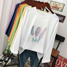 DONAMOL Plus Size Spring fashion Casual women Long sleeve T-shirt loose 100% cotton Soft Pullover Harajuku Feather print Tops 210324