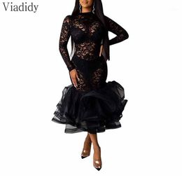 Women Sexy Sheer Nightclub Mermaid Party Dress High Elasticity See-through Ruffle Lace Casual Dresses