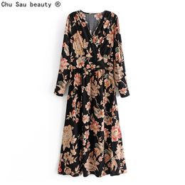 Autumn Boho Style V-Neck Print Side Invisible Zipper Long-Sleeve Split Dress Holiday Female Vintage 210514