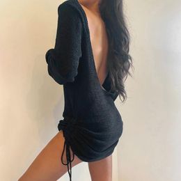 European And American Fashion Casual Sexy Women's Wear Black Loose Round Collar With A Woollen Knit Short Dress Dresses
