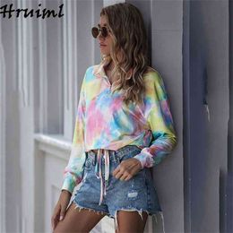 Sweatshirt Long Sleeve Zipper Tie-Dye Tracksuit Casual Elegant Loose Women Pullover Lacing Up Streetwear Outwear Sweat Femme 210513