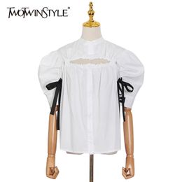 White Casual Shirt For Women Stand Collar Puff Short Sleeve Hollow Out Solid Blouses Female Summer Clothes 210524