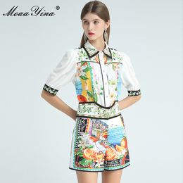 Fashion Designer Set Summer Women Turn Down Fruit Floral Print Vacation Blouses Tops+Shorts Two-piece set 210524