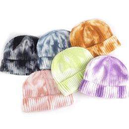 Fashion Tie Dye Winter Warmer Soft Cotton Mens Outdoor Beanie Hat Ribbed Knitted Cuffed Women Skull Sports Ski Loose Caps