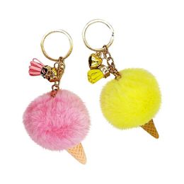 2022 NEW Ice Cream Pompom Ball Keychain PU Leather Key Chain Keyring Women Kids Key Holder Bags Pendant Car Key Ring Party Favour