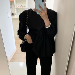 Women Black Vintage Pleated Big Size Blouse O-neck Long Sleeve Loose Fit Shirt Fashion Spring Summer 2F0431 210510