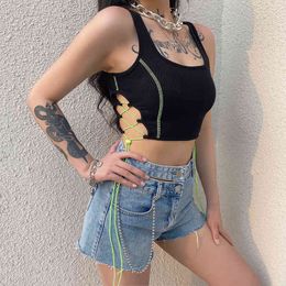 Women's Slim Hollow Out Ribbed Vest Contrasting Color Side Cutout Lace Up Sleeveless Wide Neck Strap Sporty Crop Tops 210517