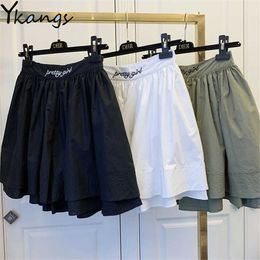 White Pleated Skirt Shorts Woman Embroidery Elastic High Waist Shorts Sexy Summer Wild High Quality Streetwear Preppy 210619
