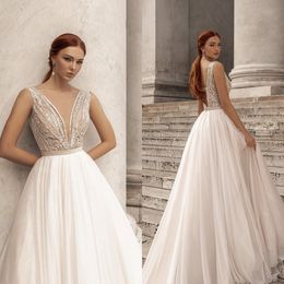 2021 Elegant Wedding Dresses Sexy Deep V Neck Backless Lace Sequins Bridal Gowns Custom Made Sweep Train A Line Dress Robe De Mariee