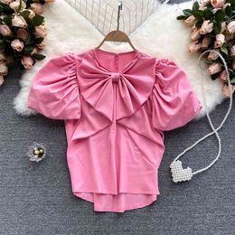 Women Fashion Round Neck Short Sleeve Tops Bow Slim Summer Solid Color Shirts and Blouse Blusas Para Mujer Clothes S825 210527