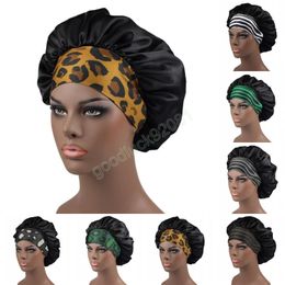 Trendy Satin Wide Brim Stretch Band Nightcap Oversized African Woman Leopard Print Elasticity Hair Care Hat Sleep Bonnet