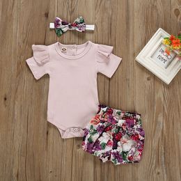2021 Newborn Baby Girl Clothes Set Summer Solid Colour Short Sleeve Romper Flower Shorts Headband 3Pcs Outfit New Born Infant Clothing