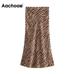 Aachoae Elegant Zebra Print Skirt High Waist Office Wear Midi Skirts Fashion A Line Satin Womens Mujer Faldas 210621